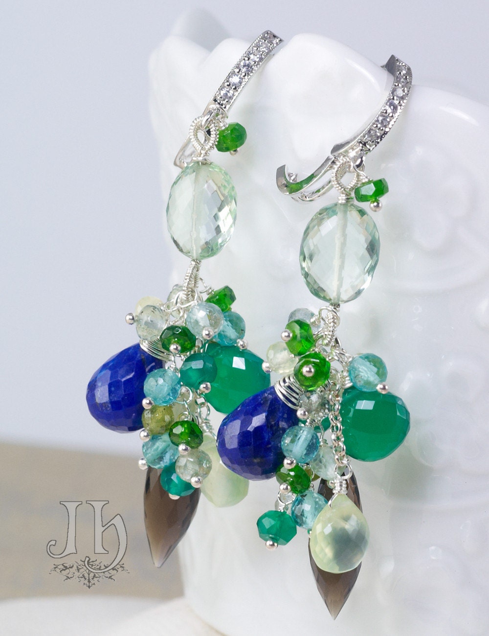 Jules Earrings ... Green Amethyst, Green Onyx, Smokey Quartz, Lapis Lazuli, CZ 925 silver hoops