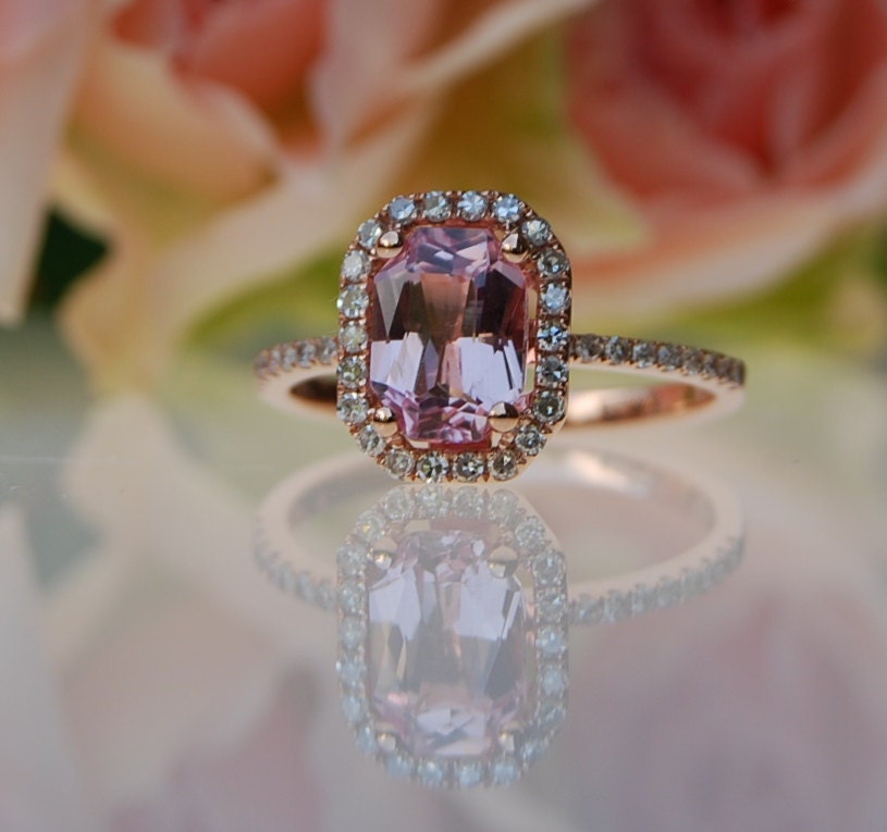 1ct emerald cut Peach sapphire Champagne sapphire ring diamond ring 14k rose gold Engagement ring