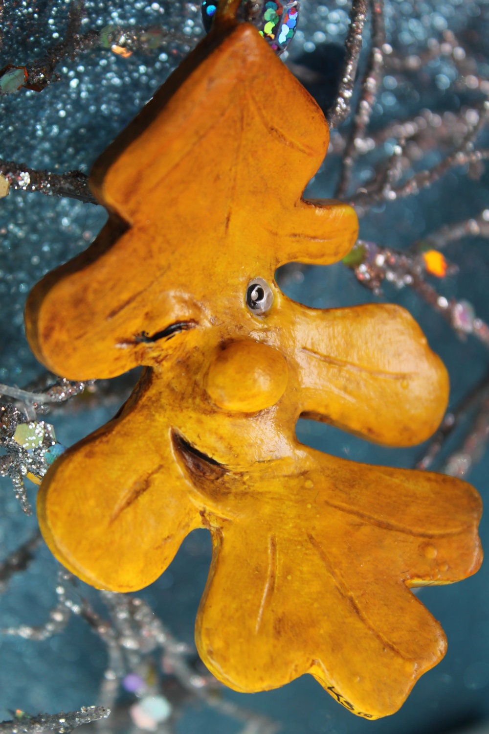 Autumn Folk Art Cheeky YellowOak Leaf Paperclay  Ornament
