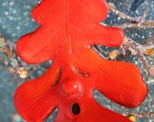 Halloween Folk Art Anthropomorphic Red Sleeping Oak Leaf Paperclay Ornament