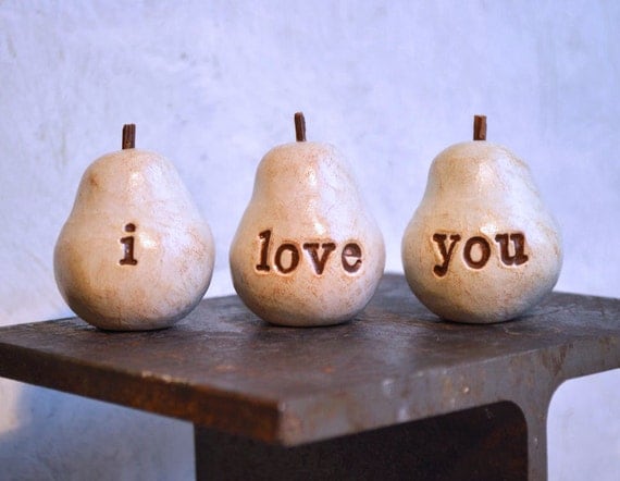 Birthday gift ... i love you... ...Three handmade decorative polymer clay pears ... 3 Word Pears, white