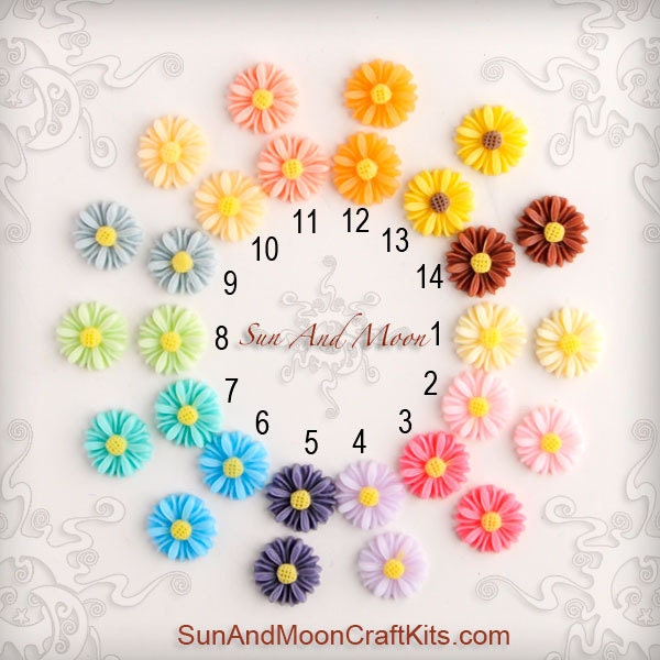 Daisy Cabochons - 14mm - 40pcs Flower Cabochons - Chrysanthemum Mum - Cameo Flat Back - Mix and Match Any Colorful Resin Flowers - 14RFD