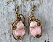 Wire Wrapped Dangle Earrings - Pink Rhodochrosite in Antique Bronze
