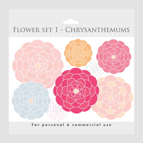 Flower clipart - blooms clipart, flowers, floral, floral clipart, pink, blue, yellow, for personal and commercial use