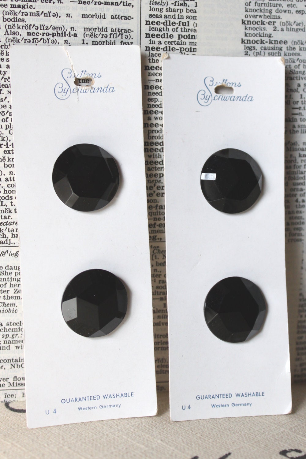 Vintage glass Schwanda NOS buttons Black faceted 7/8" qty 4