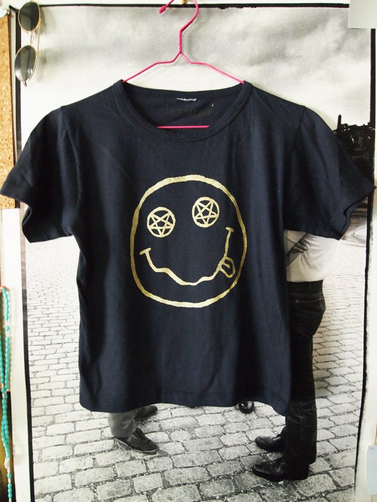TEEN SPIRIT// Black n Gold Crop Top Nirvana Smiley Inspired Shirt, with Pentagram Eyes XS