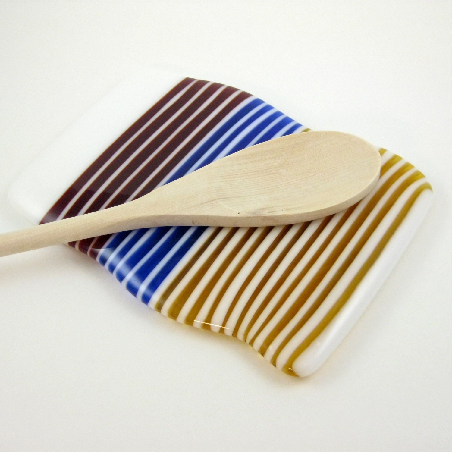 Striped Glass Spoon Rest - Red, Blue, Amber and White Fused Glass