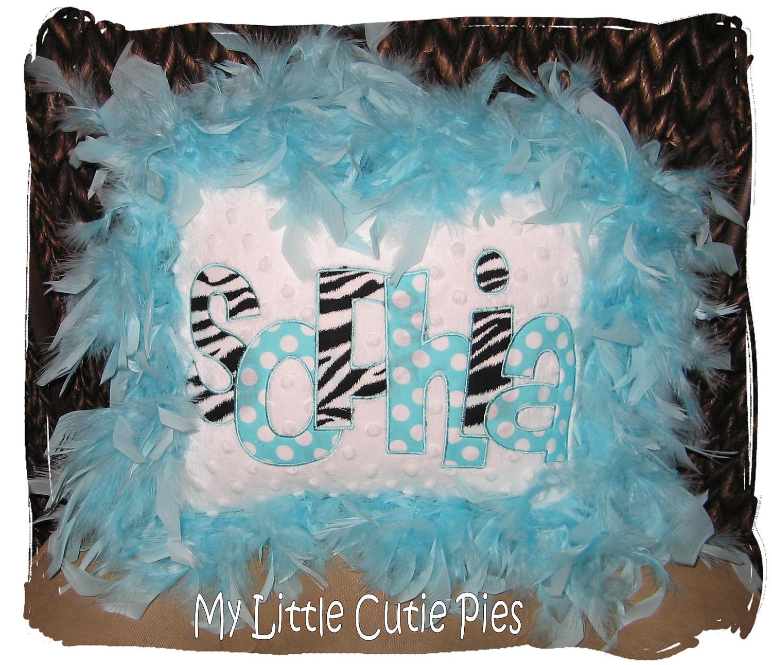 Custom Monogram Personalized Girls Aqua Blue White Zebra Minky Dot Feather Trim Name Accent Pillow