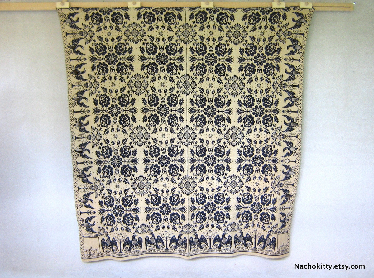 1838 Hand Loomed Coverlet Blanket Dated, New York State, Indigo & Cream