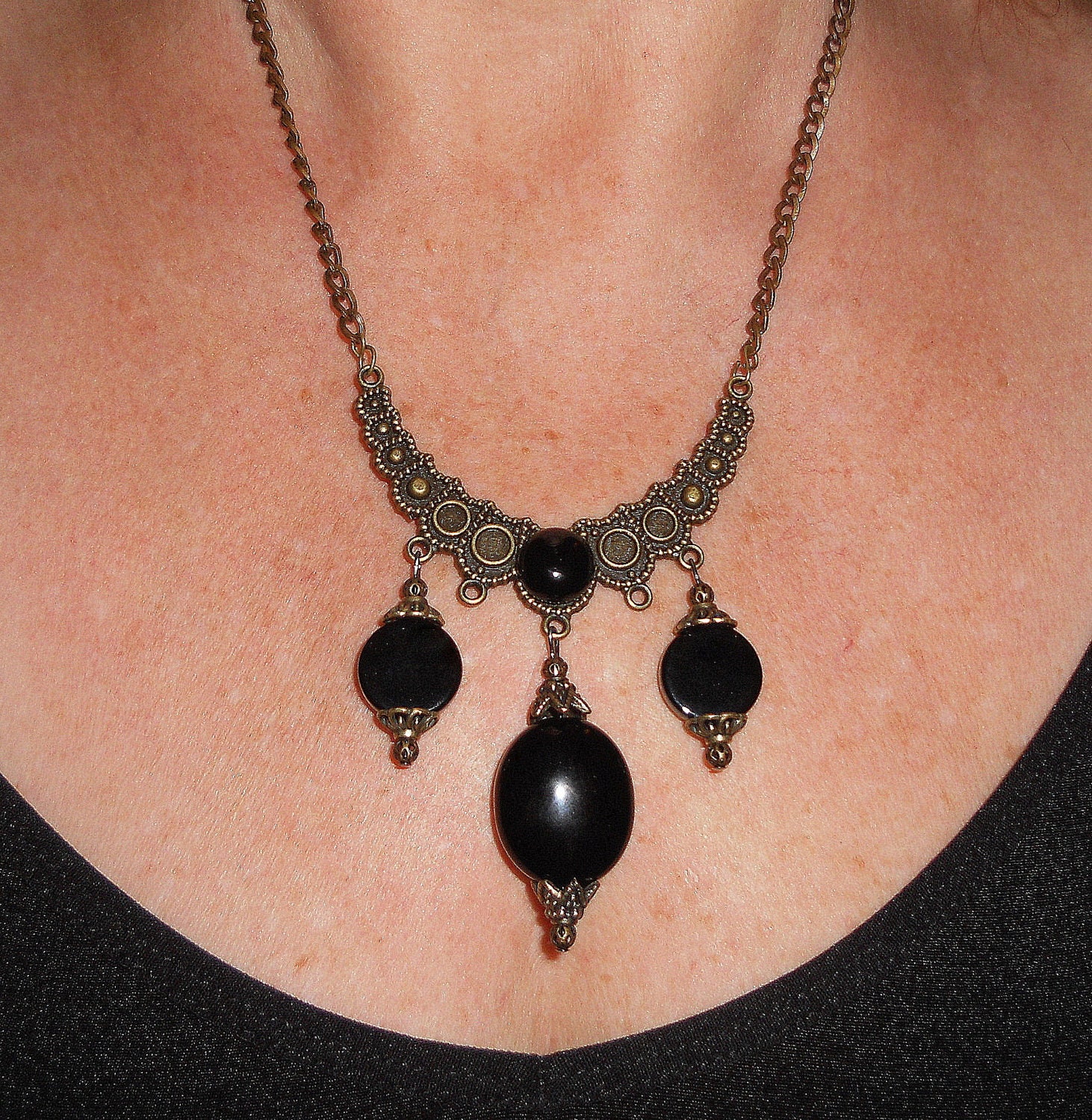 Gypsy necklace, onyx and crescent brass black necklace pendant, ethnic neo victorian gypsy jewelry