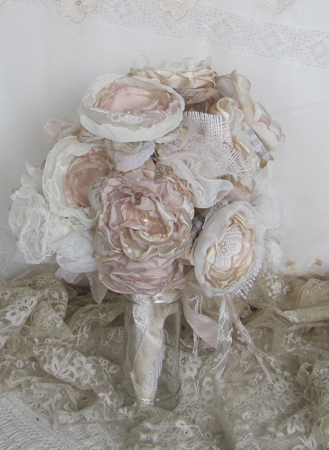 Burlap Wedding Bouquet Vintage Inspired  Ivory and Pale Pink Custom Order any color