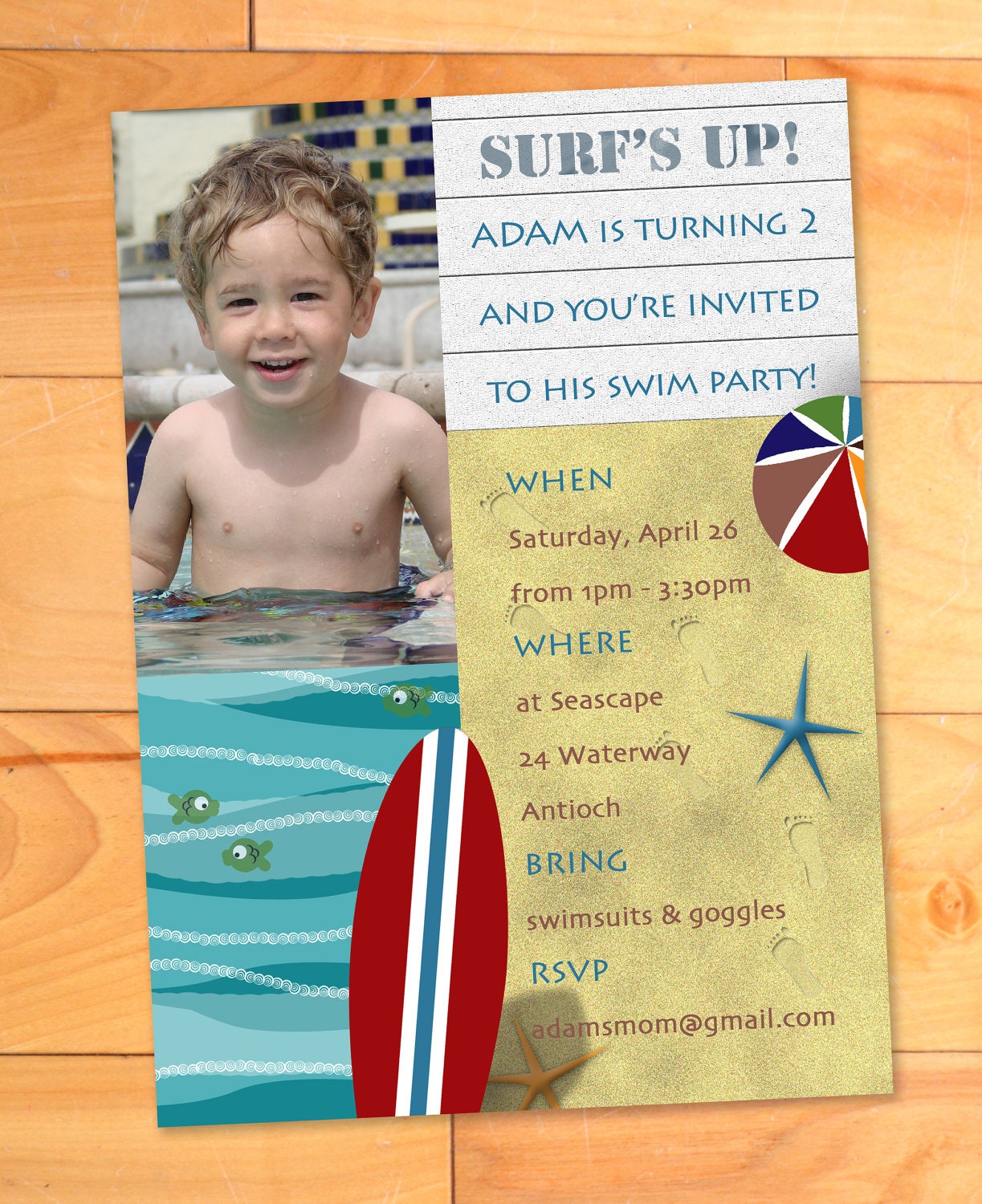 Modery Swim Surf Party Invite, Pool Party or Beach Birthday Party Custom Photo Card Invite
