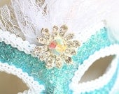 Clara - Masquerade Ball Mask in Aquamarine and White with Aurora Borealis Accents