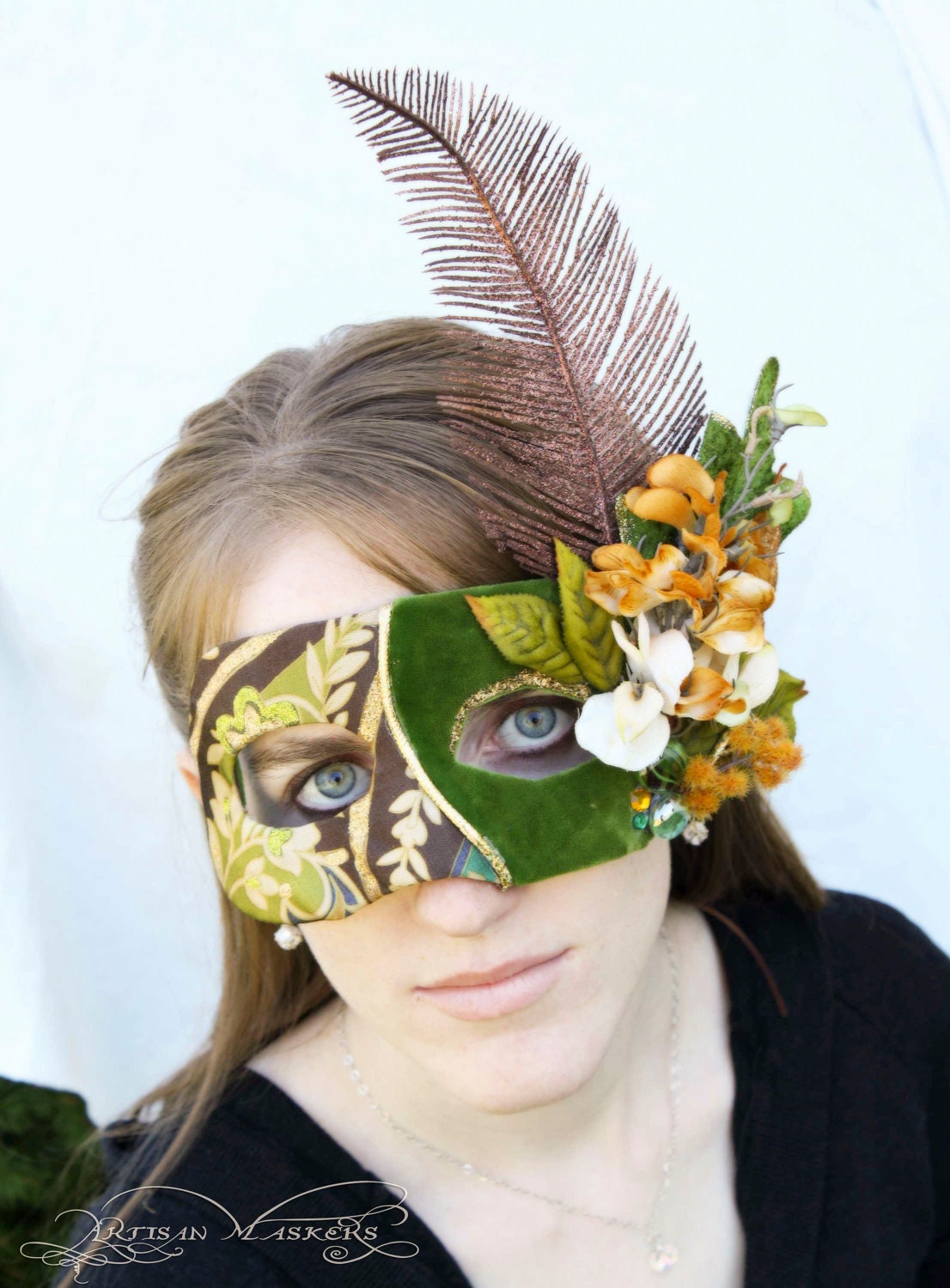 Brighid - Celtic Goddess Mask in Earthy Browns, Apple Green, and Shimmery Gold
