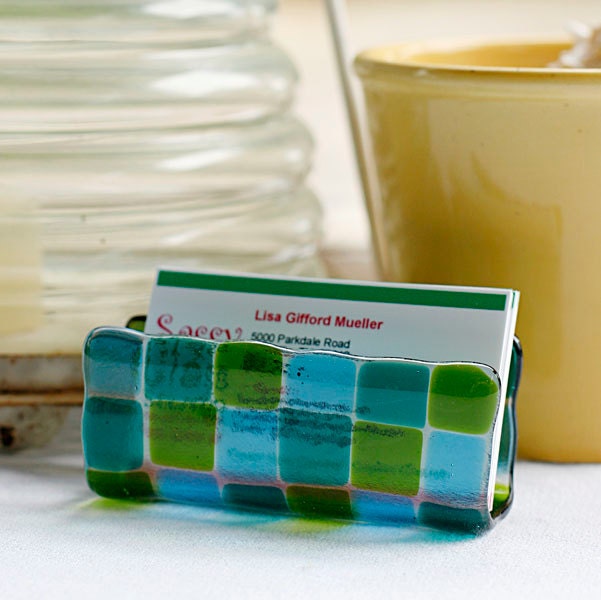 Fused Glass Business Card Holder - Seaside - turquoise and green
