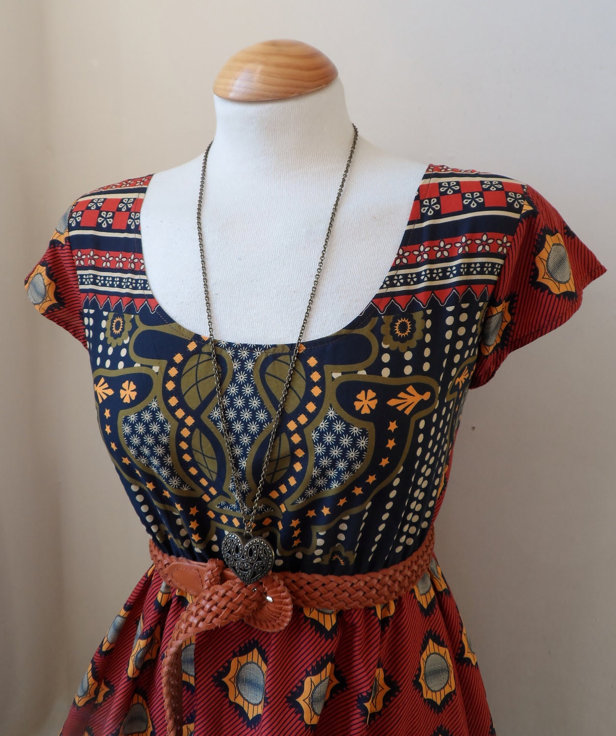 Bohemian Patterned Tea Dress in Burgandy Mustard Navy and Cream XS S