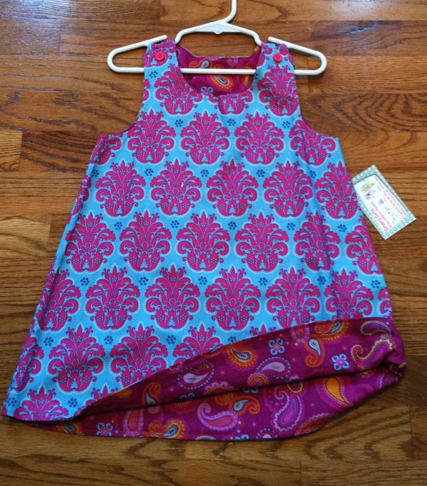 A Line Dress Reversible  Girls Pink and Blue Damask by Groovy Gurlz Available in Sizes  2t, 3t, 4t, 5y , 6y