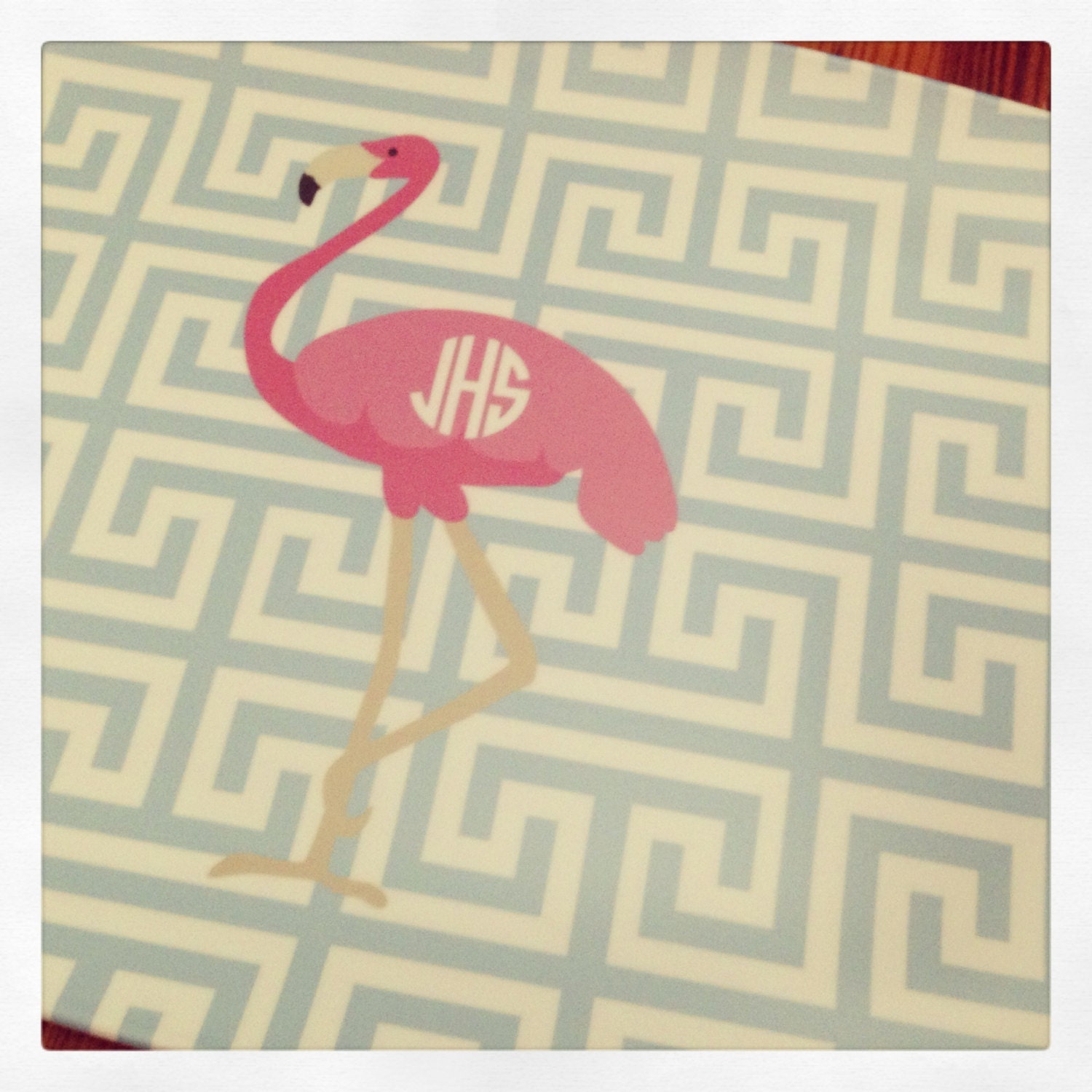 Personalized Melamine Platter Greek Key with Flamingo SALE
