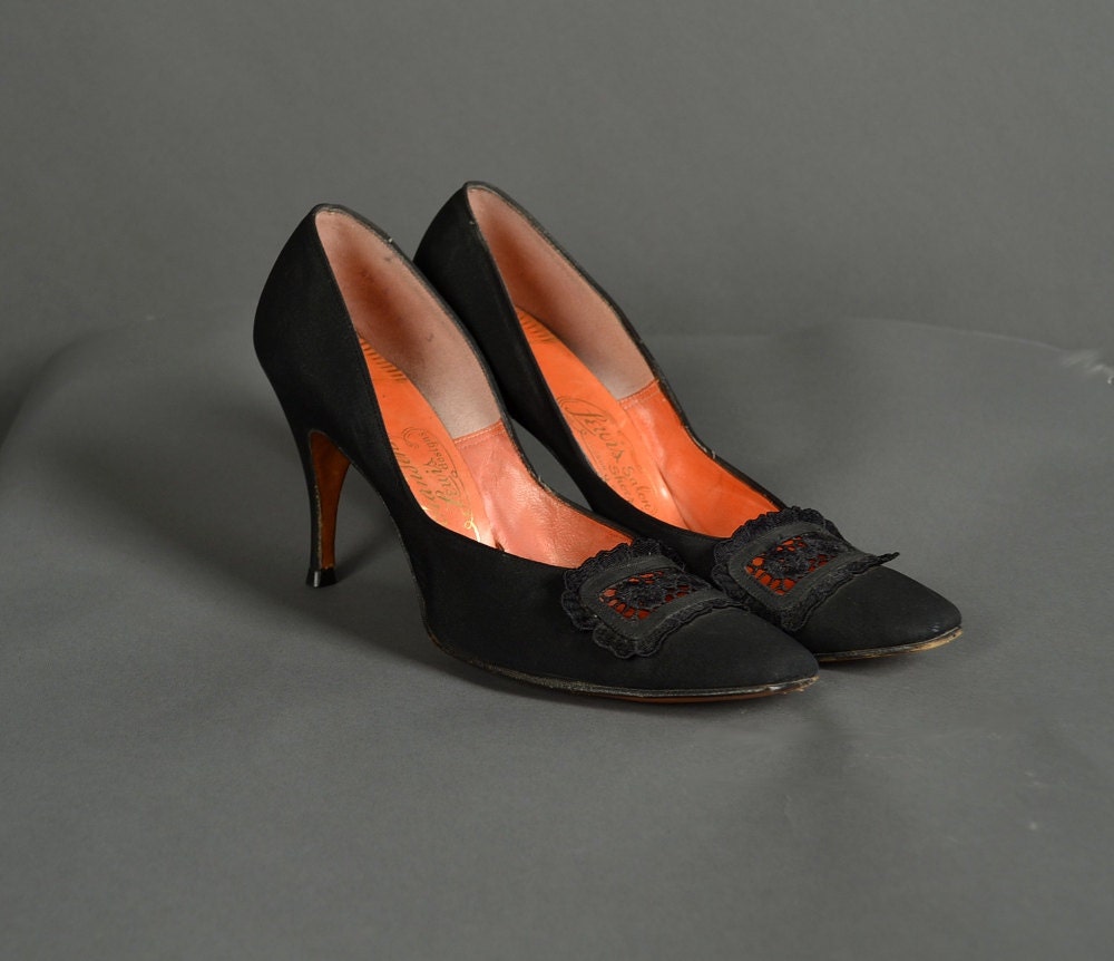 Vintage 1950s Shoes, 50s Heels, lace black designer square toe cocktail party heels