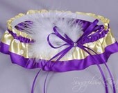 Wedding Garter in Purple and Yellow Polka Dot Satin with Swarovski Crystal and Marabou Feathers