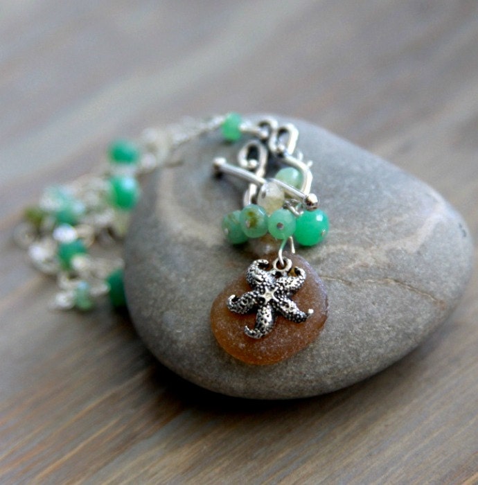 Sea Glass Pendant. Sea Glass Necklace with Sterling Starfish Charm and Stones