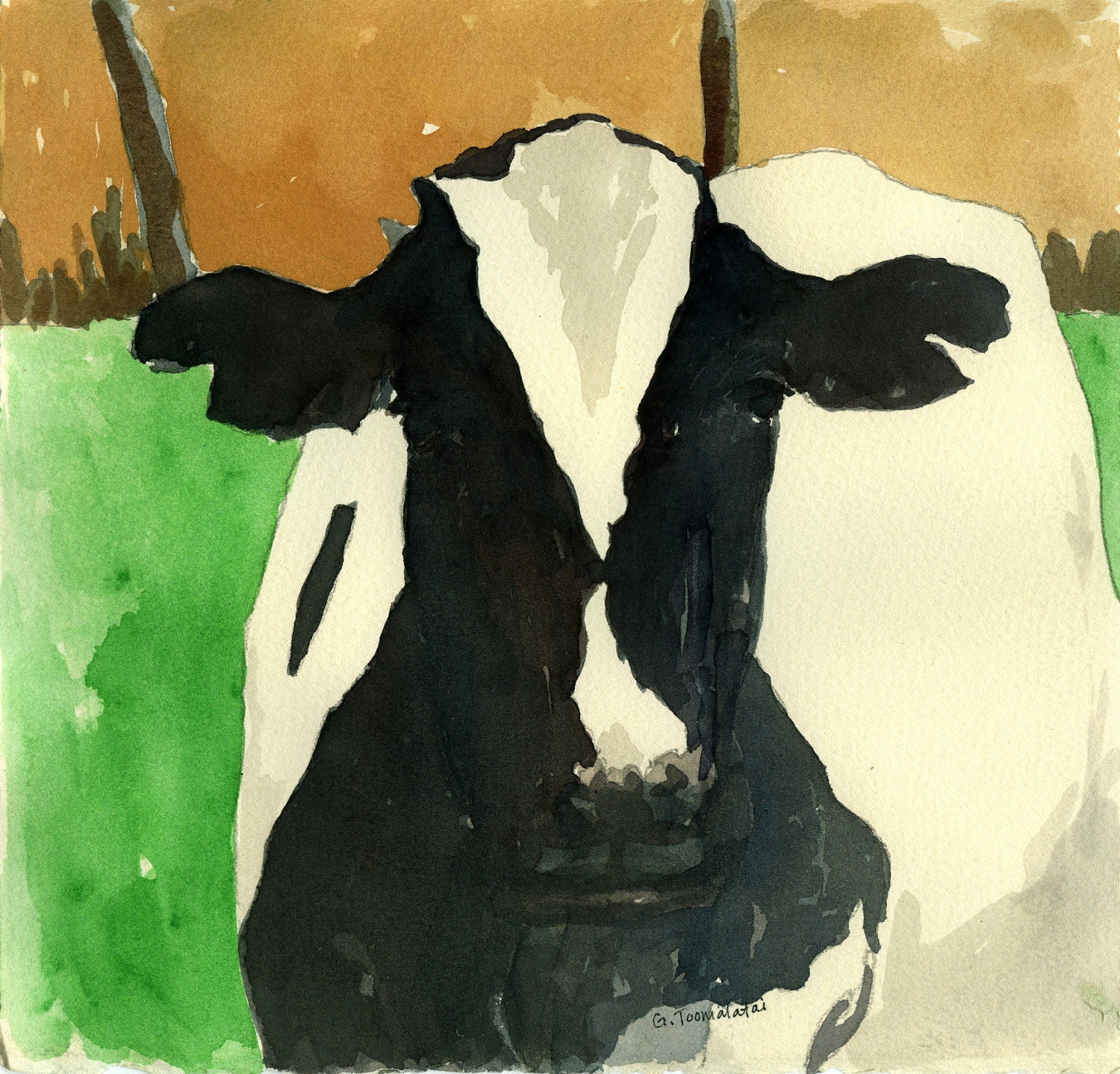 Cow original watercolor painting on paper cow in green field with fence 8.25 x 8.75 inches cow art