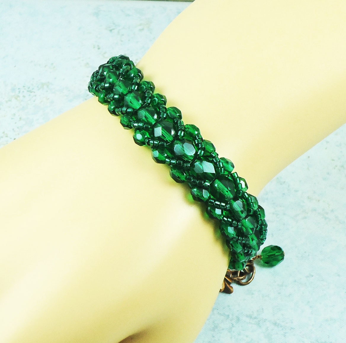 Emerald Green Crystal Beadwork Cuff Bracelet Flat Spiral