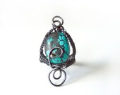 Spider Web Turquoise Macrame Black Silver Ring - Size 10 - One of a Kind - Tagt