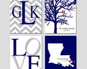 Modern Newlywed Quad - Set of Four 8x10 Custom Prints - Love, Family Established Tree, Love State Map, Chevron Monogram - GREAT WEDDING GIFT