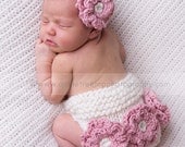 Headband and Diaper Cover SET ,Newborn Headband with Crochet Flower in Pink , Baby Headband, Ivory Diaper Cover, Photography Prop