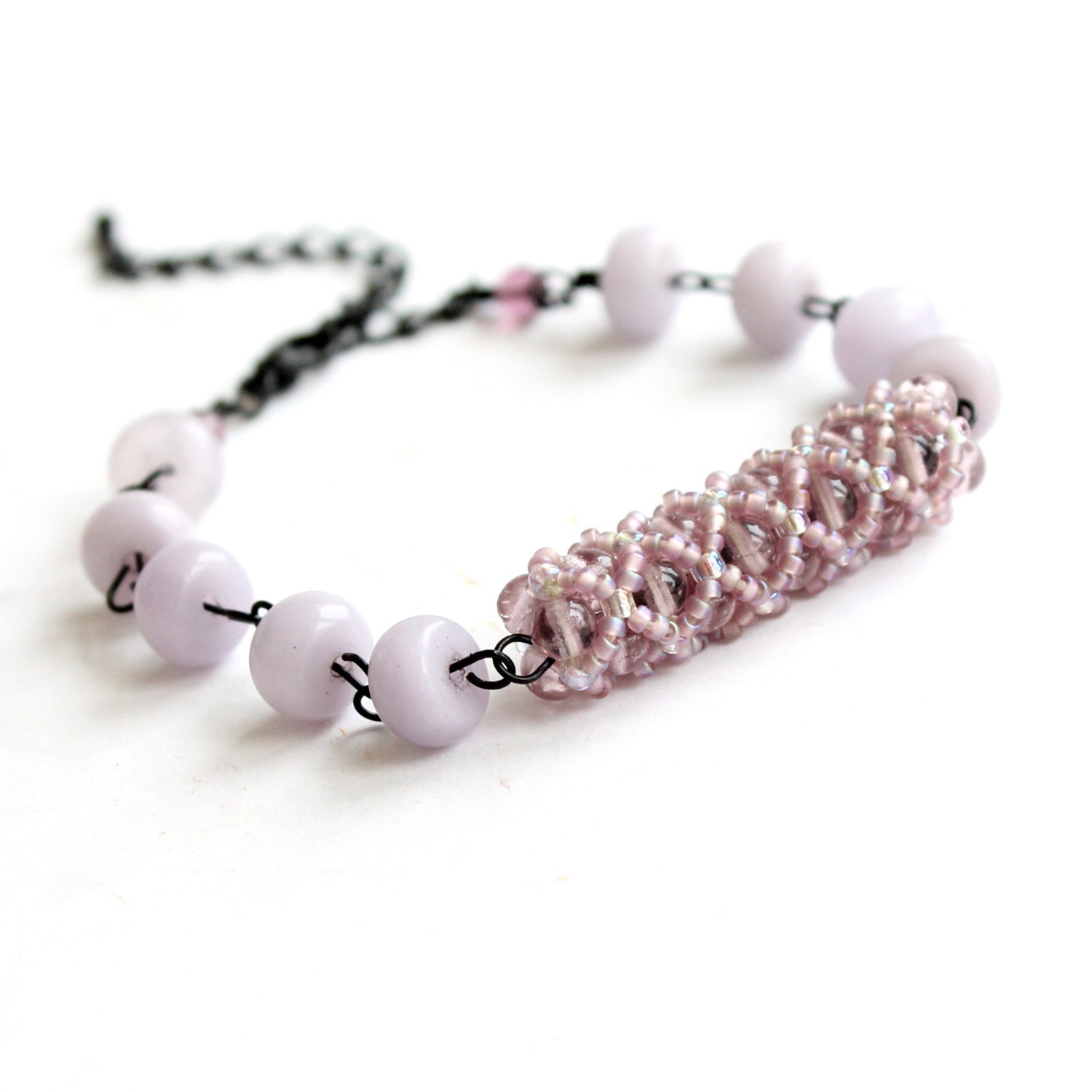 Lavender Beadwoven Tube, Vintage Glass - Beaded Bracelet -Lilac Fields -Jewellery