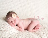 Peach peachy pink Fabric Flower PeARL Skinny Nylon Stretchy WHITE Band Fits Babies Toddlers Girls Photography Prop