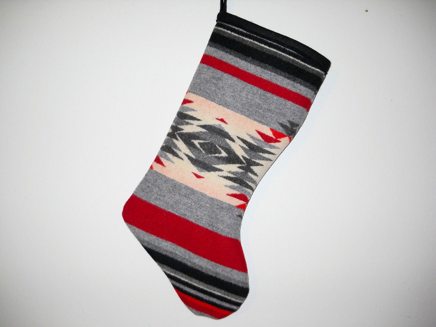 Christmas Stocking XL Wool Light Grey and White Southwestern Geometric Tribal