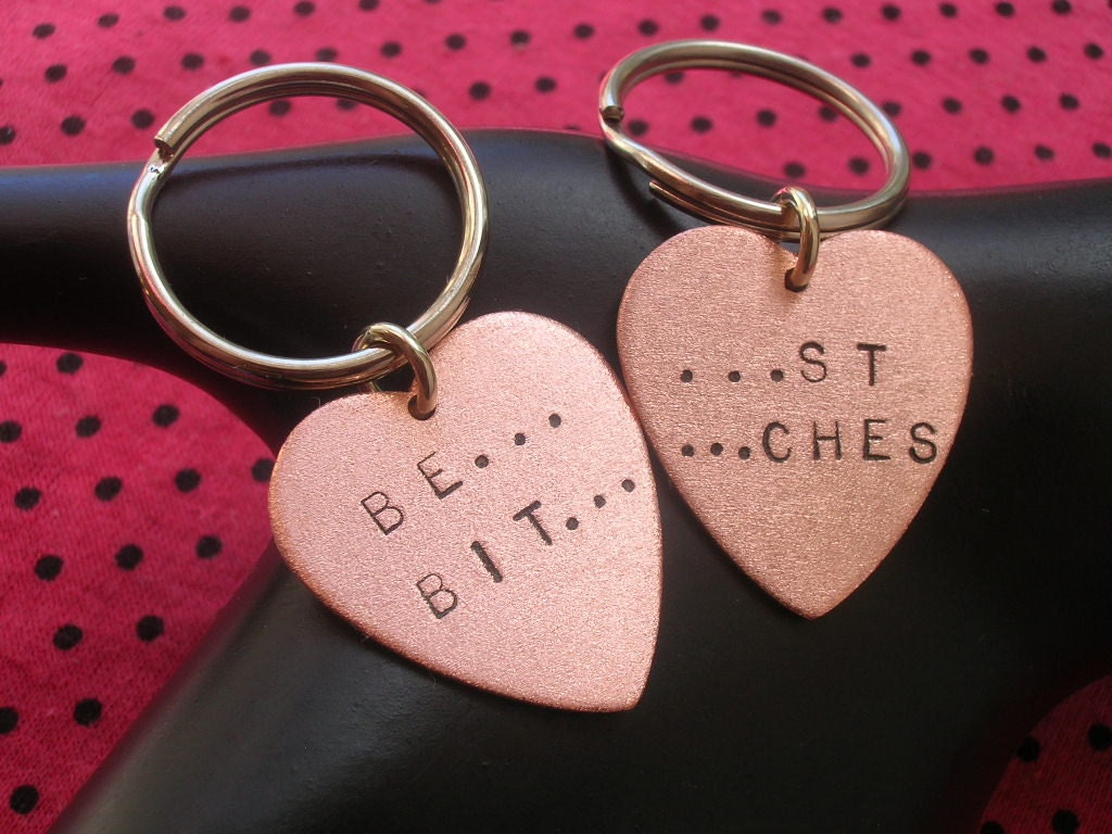 BEST BITCHES Keychains--Copper Heart Keychains, Best Friends Charm keychains, Handstamped Keychain, Metal Taboo, Partners in Crime, Sisters