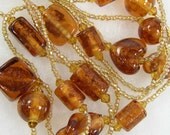 Gold Foil Speckled Art Glass Beaded Necklace Seed Beads 23 to 30 inch