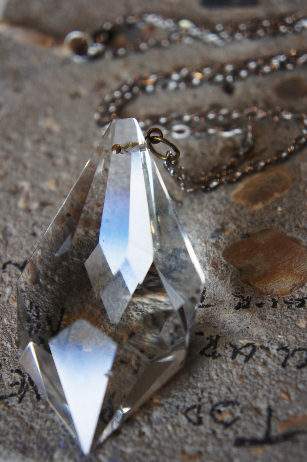 Recycled vintage large chandelier crystal pendent charm necklace on silver tone chain