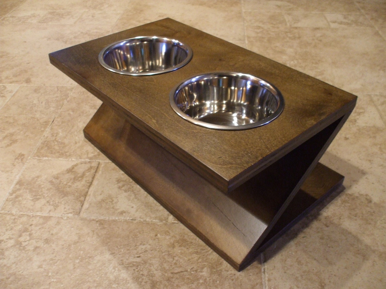 1 Quart 8 Inch Double - Ergonomically Designed Pet Feeder - Stained Dark Walnut