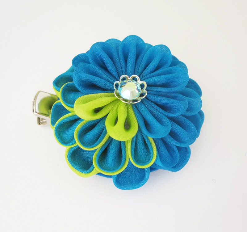 Alligator Hair Clip Teal and Lime Green Tsumami Kanzashi Flower
