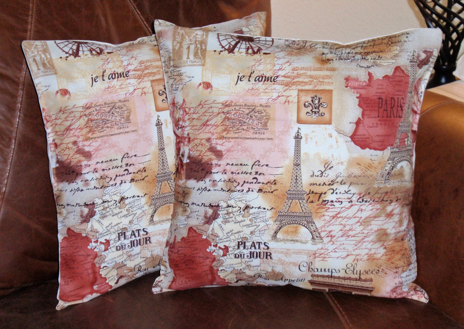 Throw Pillow Covers - 16x16" Set of 2 sewn with Timeless Treasures' Paris in Sepia - Romantic Home Decor Throw Pillow Covers