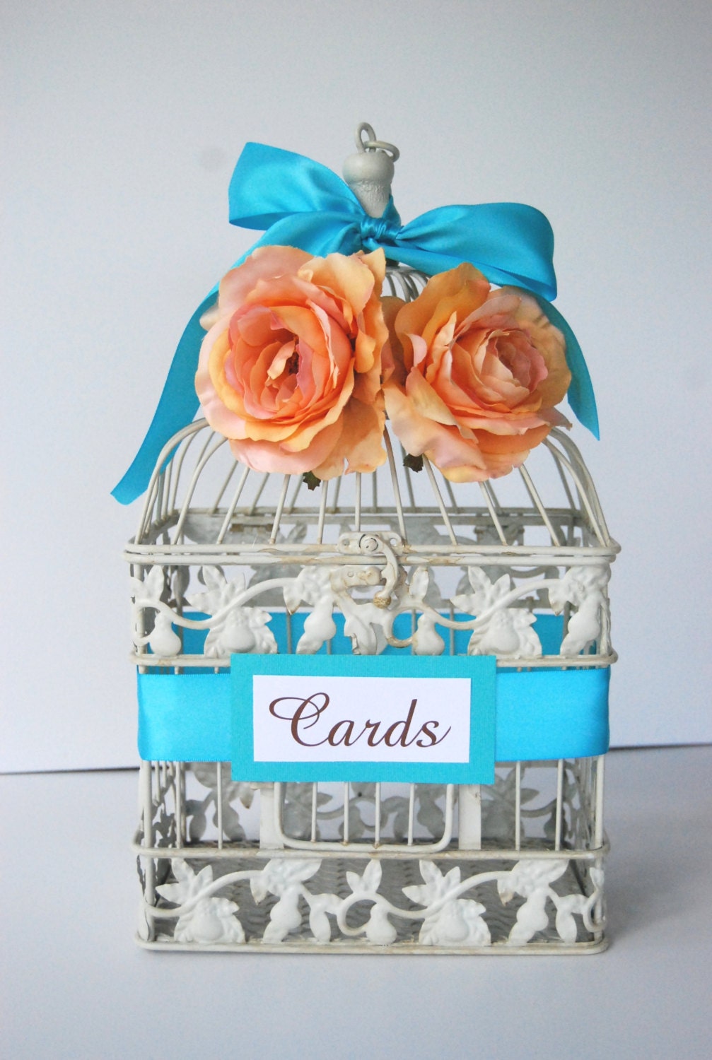 MEDIUM Ivory Shabby Chic Wedding Bird Cage Card Holder - Turquoise Aqua & Coral Peach