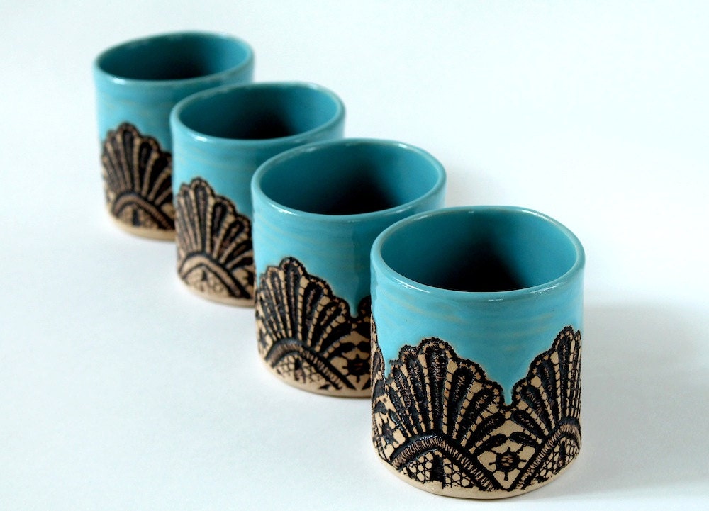 Made to Order: Handmade Set of Four Moroccan Lace Tumblers in Turquoise