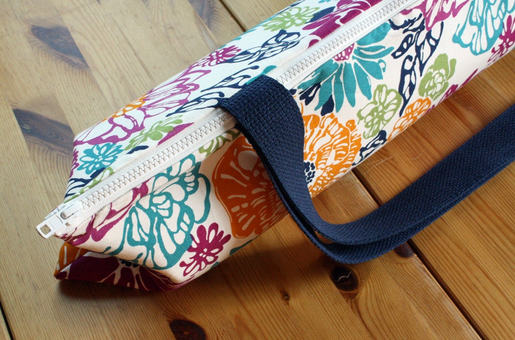 Yoga Bag with Zipper Top-loading Yoga Mat Bag in Fiesta Floral - Fuchsia, Lime, Orange, Teal, and Navy Flowers