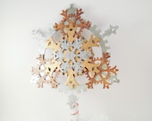 Large Ornate Steampunk Tree Topper with Snowflake Gears in Metallic Tones of Brass, Antique Brass, and Silver