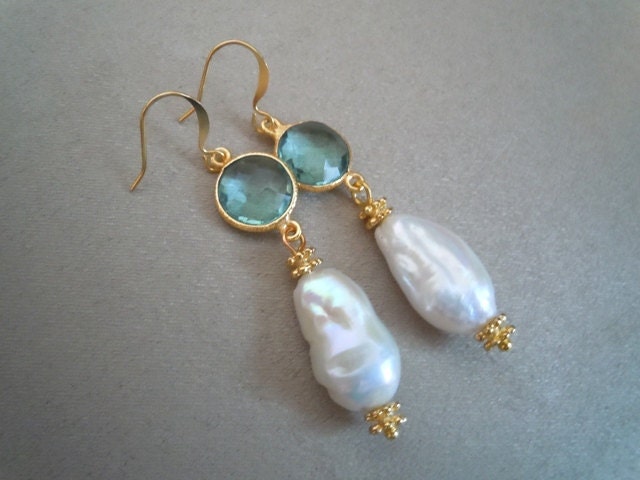 NEW Rain -- Aqua Blue Quartz and Baroque Flameball Pearl Dangle earrings