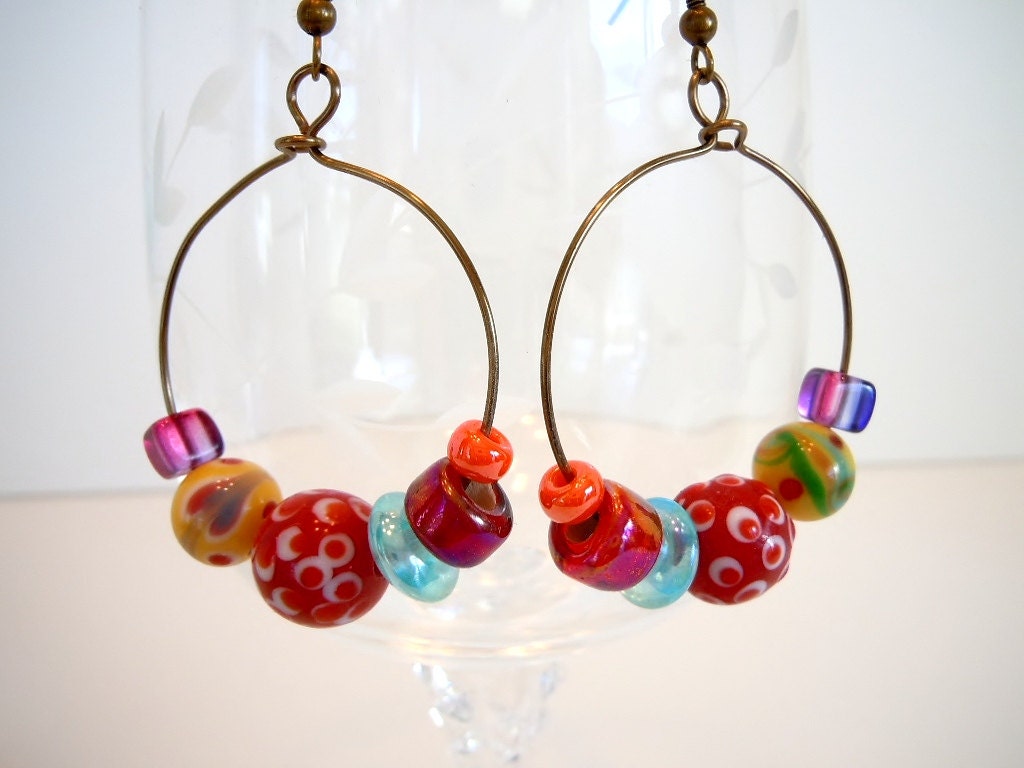 Wire Wrapped Earrings In Red by Debbie Renee, Bronze Hoops With Colorful Beads