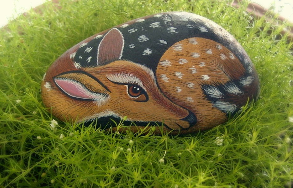 Whitetail, fawn, deer, doe, garden decor, Fathers Day gift, donate rescue, rustic cabin decor, woodland wildlife, hand painted rocks