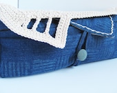 Denim Bag Clutch Crochet Tapestry Ecru Tan and Green OOAK