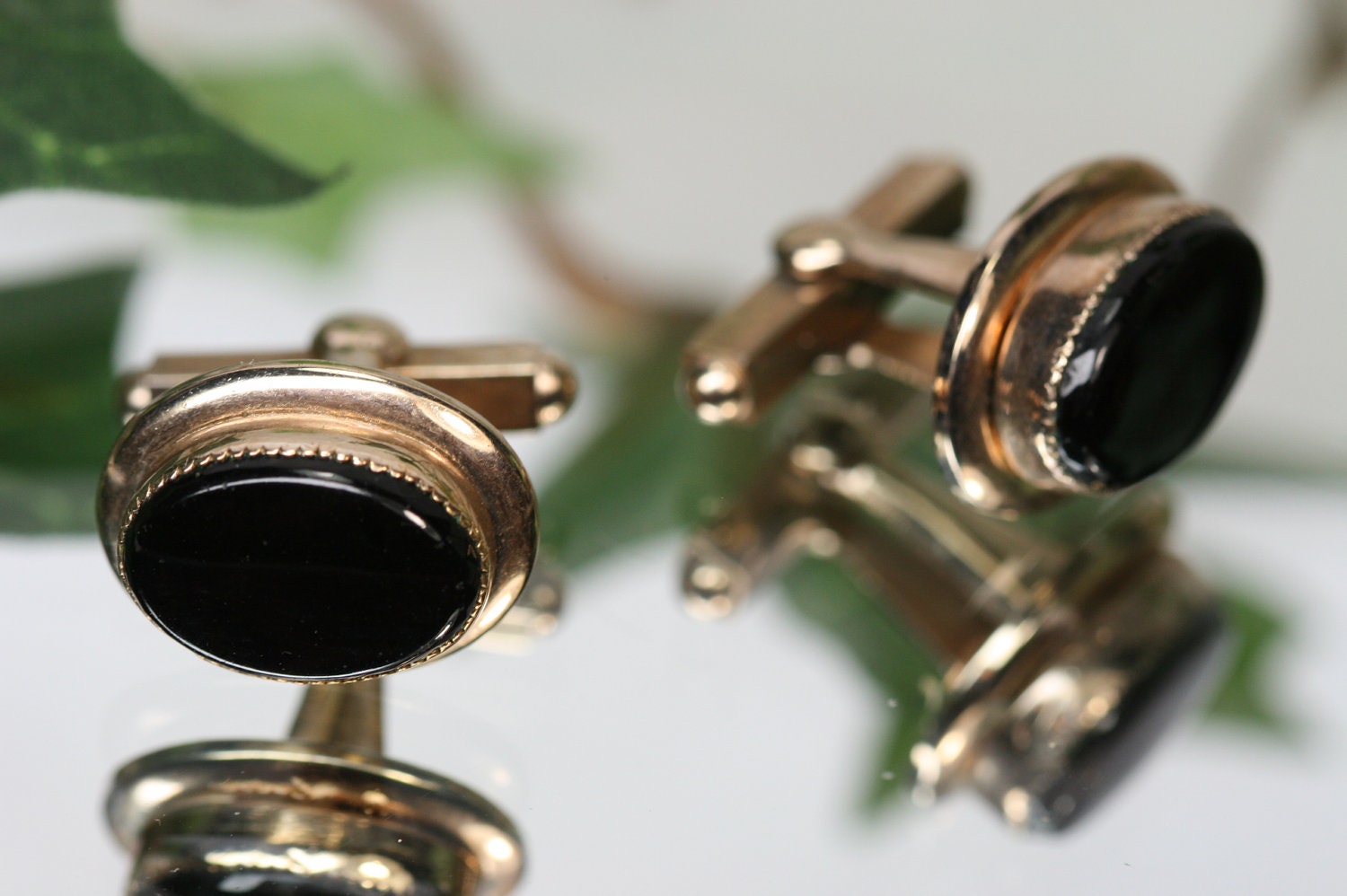 Vintage Goldtone and Black Glass Cufflinks