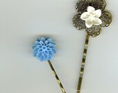 2 Bobby Pins, Mum & Plummeria in Powder Blue and White FREE USA SHIPPING