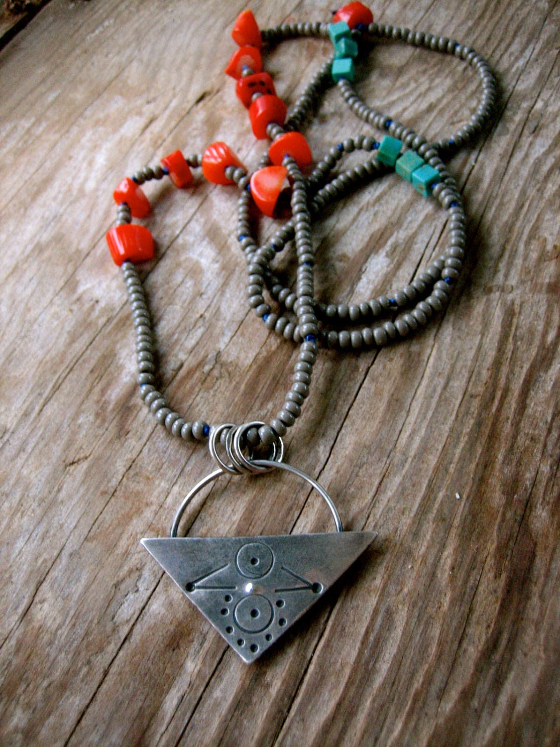 SALE Long Beaded Necklace Vintage Coral and Turquoise Silver Stamped Triangle Pendant